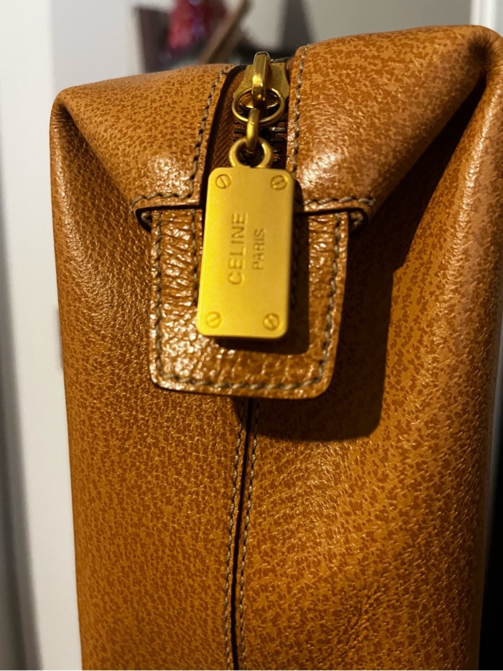 Celine Tan Leather Zip Tote with Gold-Tone Hardware New, Authentic, Vintage